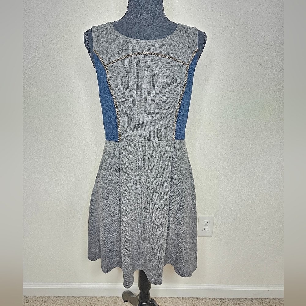 THML Knit Grey Navy Embellished Beaded Pleated A-line Swing Tank Mini Dress